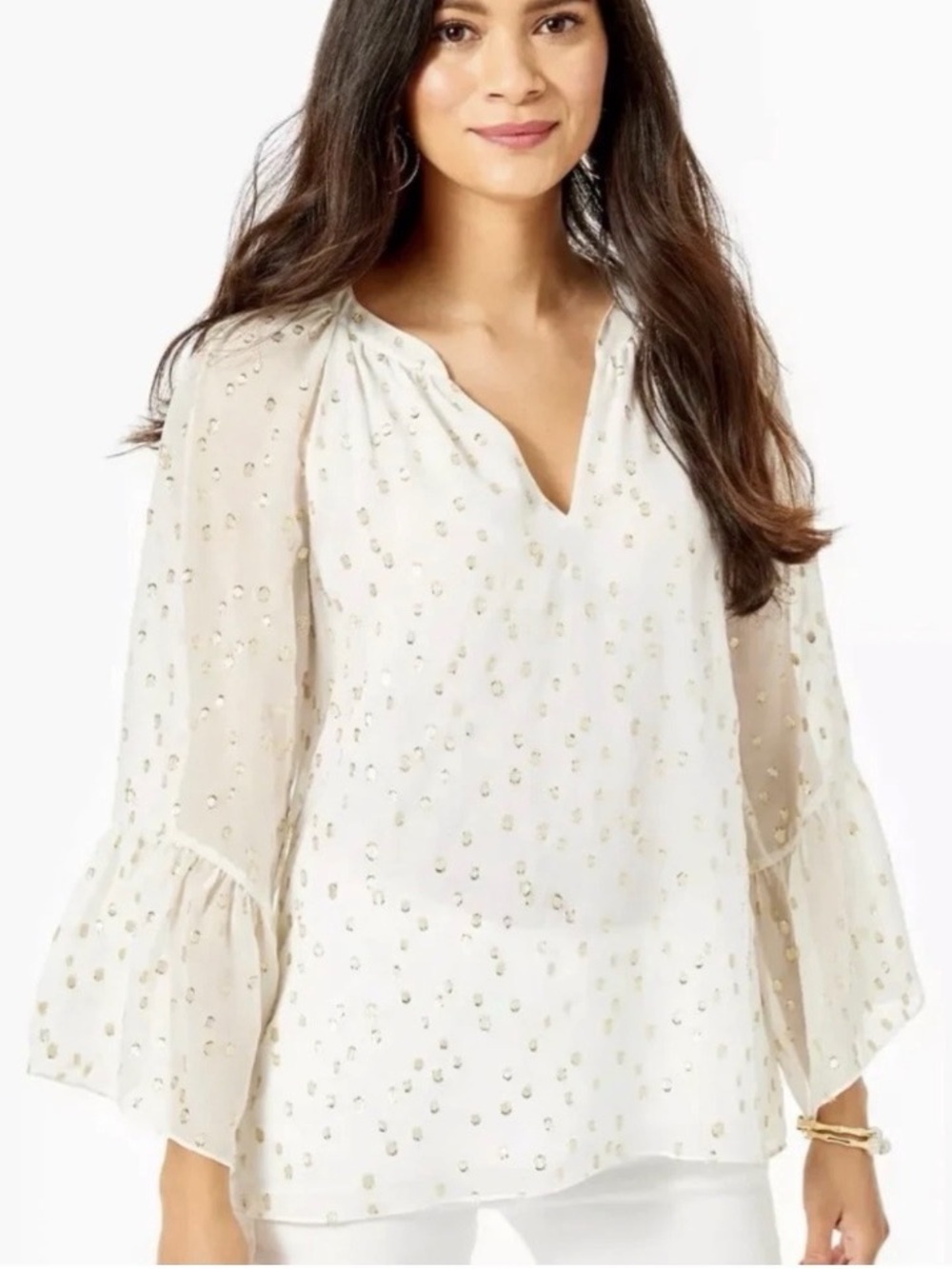 Lilly Pulitzer Bell Sleeve Blouse Coconut White Silk Gold Metallic Matilda SZ XS